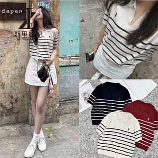 ZHELIHANGFEI Áo sơ mi polo sọc ngắn tay nữ phong cách Hàn Quốc cổ chữ V thêu hàng đầu dệt kim