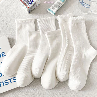 💕Dy💕Tất vớ nữ cổ cao trắng vải cotton co giãn thời trang Hàn Quốc