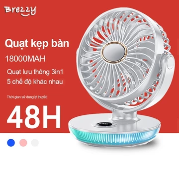 BREZZY (18000 mAh) - BH 12 tháng Quạt Sạc Đa Năng Để Bàn,Quạt kẹp bàn,quạt gấp mini thiết kế để bàn, mini sạc điện 10000 mah, tích điện mini 5 cấp độ gió Tích Hợp Đèn Ngủ Cao Cấp