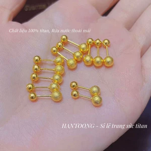 Khuyên tai titan nữ không gỉ mạ vàng 24k thiết kế bi tròn phun cát xinh xắn trẻ trung