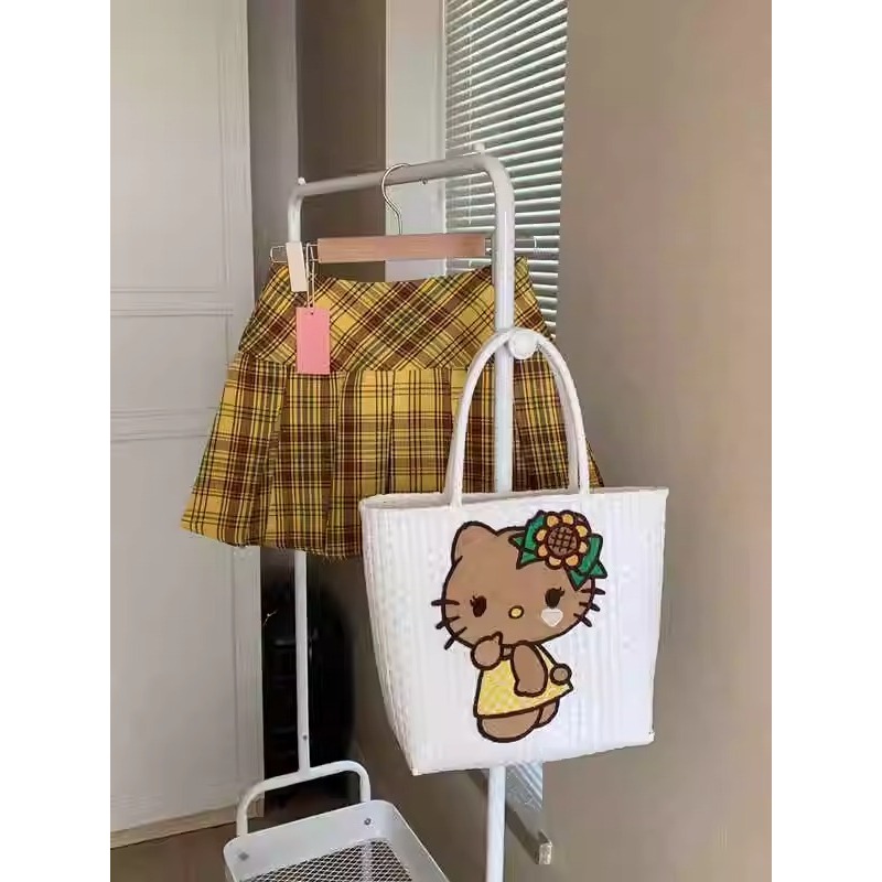 【Hàng giao ngay】Váy xếp ly lưng cao kẻ sọc màu vàng cổ điển dành cho nữ mùa hè Mỹ