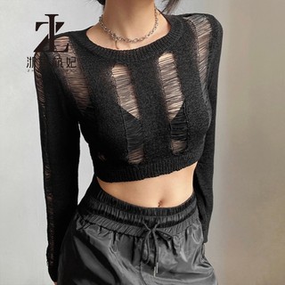 ZHELIHANGFEI Áo thun croptop dệt kim rỗng tay dài cổ tròn gợi cảm hot girl