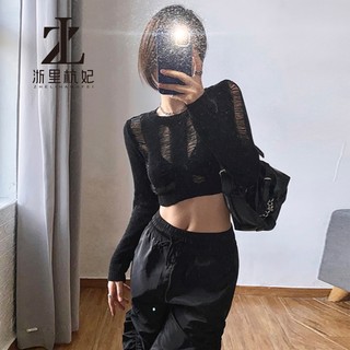 ZHELIHANGFEI Áo thun croptop dệt kim rỗng tay dài cổ tròn gợi cảm hot girl