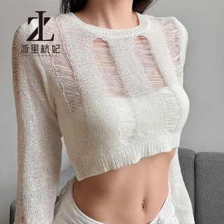ZHELIHANGFEI Áo thun croptop dệt kim rỗng tay dài cổ tròn gợi cảm hot girl