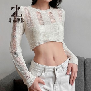 ZHELIHANGFEI Áo thun croptop dệt kim rỗng tay dài cổ tròn gợi cảm hot girl