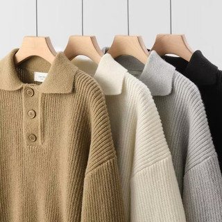 Áo len nam EERSHENSHI, cổ polo, dáng rộng và đa năng, áo dài tay, dệt kim thông thường màu trơn