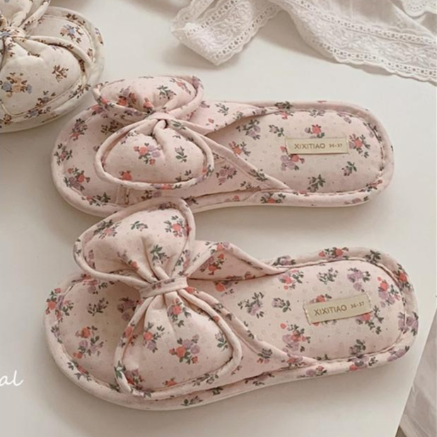 Bowknot Cotton Vải Lanh Dép Đế Dày Bốn Mùa Có Sẵn Dép Trong Nhà Dép Hộ Gia Đình Dép Gia Đình Giày Dép Sàn Gia Đình Vải Lanh Cotton Sli