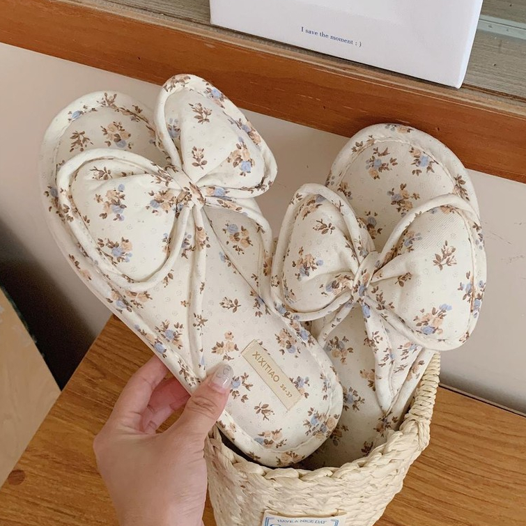 Bowknot Cotton Vải Lanh Dép Đế Dày Bốn Mùa Có Sẵn Dép Trong Nhà Dép Hộ Gia Đình Dép Gia Đình Giày Dép Sàn Gia Đình Vải Lanh Cotton Sli