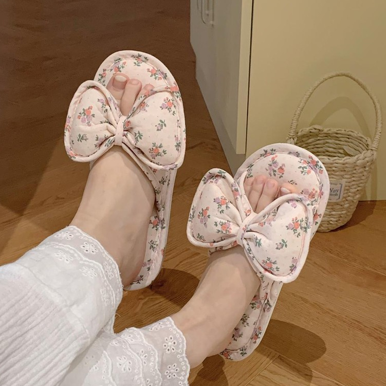 Bowknot Cotton Vải Lanh Dép Đế Dày Bốn Mùa Có Sẵn Dép Trong Nhà Dép Hộ Gia Đình Dép Gia Đình Giày Dép Sàn Gia Đình Vải Lanh Cotton Sli