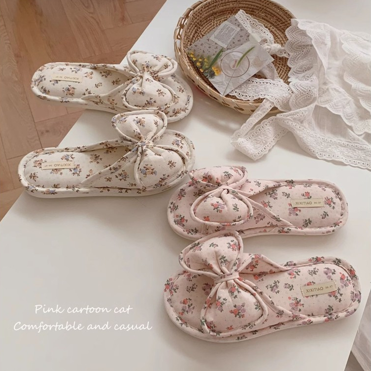 Bowknot Cotton Vải Lanh Dép Đế Dày Bốn Mùa Có Sẵn Dép Trong Nhà Dép Hộ Gia Đình Dép Gia Đình Giày Dép Sàn Gia Đình Vải Lanh Cotton Sli
