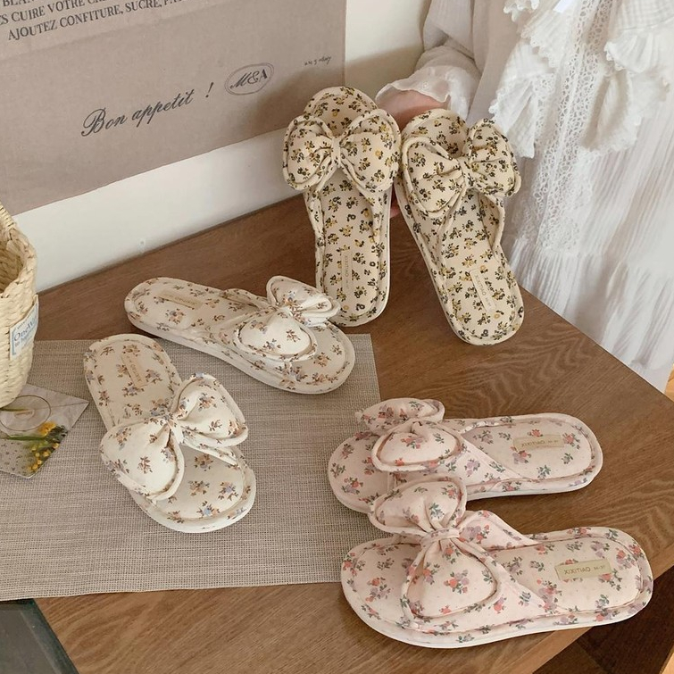 Bowknot Cotton Vải Lanh Dép Đế Dày Bốn Mùa Có Sẵn Dép Trong Nhà Dép Hộ Gia Đình Dép Gia Đình Giày Dép Sàn Gia Đình Vải Lanh Cotton Sli