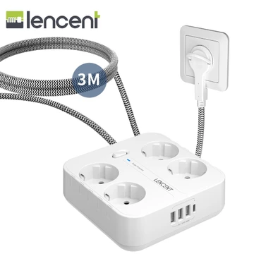 Dải nguồn cắm phẳng 4 chiều LENCENT, Dải nguồn USB dây bện 3M có khả năng chống sét, 4 cổng AC, 3 cổng USB và 1 cổng loại C, dây nối dài với cáp bện 3M cho ổ cắm tường