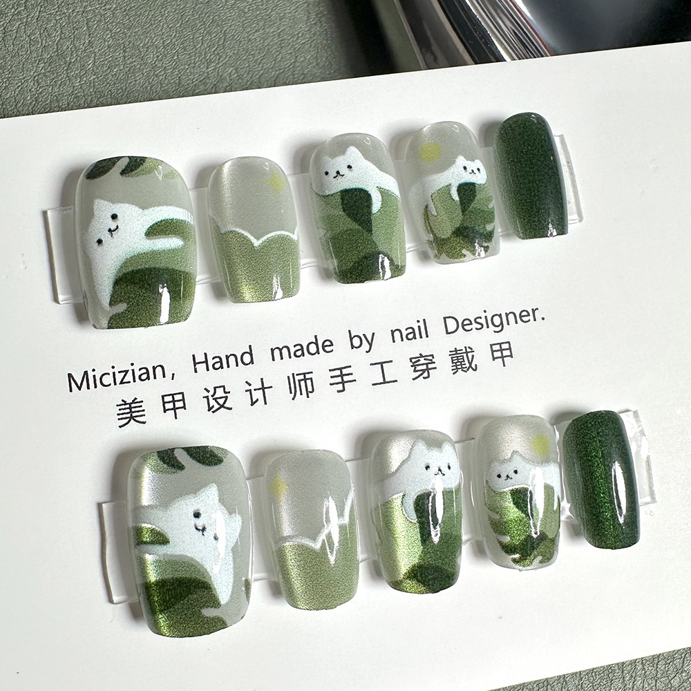 10 Miếng Miếng Dán Móng Tay Hoạt Hình Mèo Đỏ Chó Mắt Mèo Handmade Giả Móng Tay