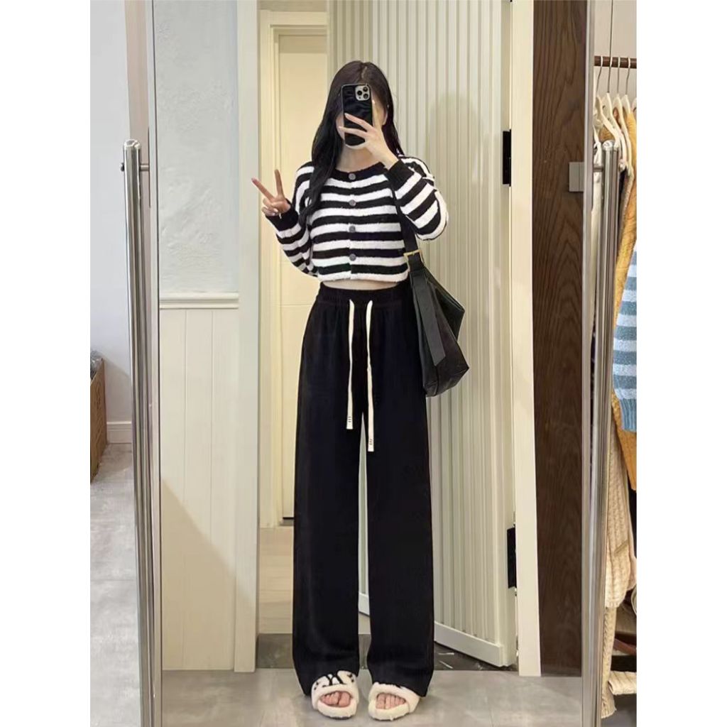 Quần ỐNg RộNg nhung kẻ Quần dài nữ quần dài thoải mái rộng rãi cạp cao mẫu mới 2024