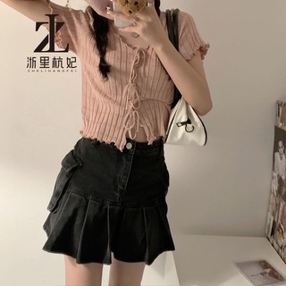 ZHELIHANGFEI Áo dệt kim ngắn tay dáng ôm thời trang mùa hè cho nữ
