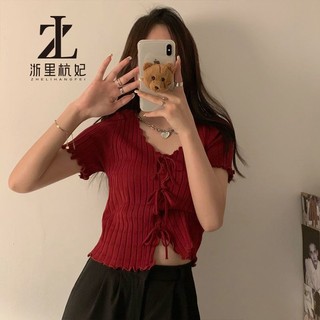 ZHELIHANGFEI Áo dệt kim ngắn tay dáng ôm thời trang mùa hè cho nữ