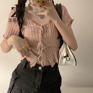 ZHELIHANGFEI Áo dệt kim ngắn tay dáng ôm thời trang mùa hè cho nữ