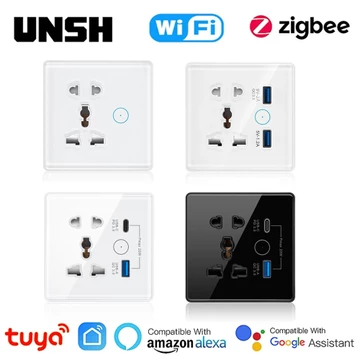 Eu Vương quốc Anh Hoa Kỳ Cắm Đa Năng Tuya ZigBee WiFi Ổ Cắm Thông Minh Công Tắc Kính Sạc Nhanh 3.0 USB 20W Type-C Cổng Ổ Cắm Cuộc Sống Thông Minh Qua Alexa Google Home Tmall Genie