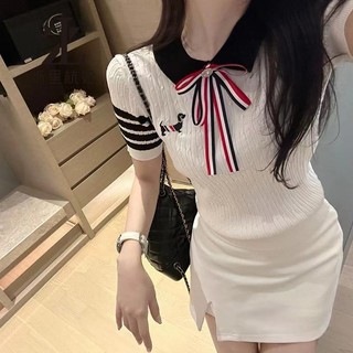 ZHELIHANGFEI Thêu Con Nơ polo Ice Silk Áo Len Nữ Thiết Kế Cảm Giác Thời Trang Phù Hợp Với Phong Cách Phương Tây