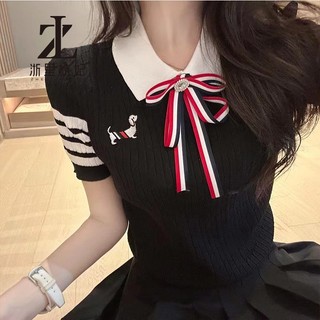 ZHELIHANGFEI Thêu Con Nơ polo Ice Silk Áo Len Nữ Thiết Kế Cảm Giác Thời Trang Phù Hợp Với Phong Cách Phương Tây