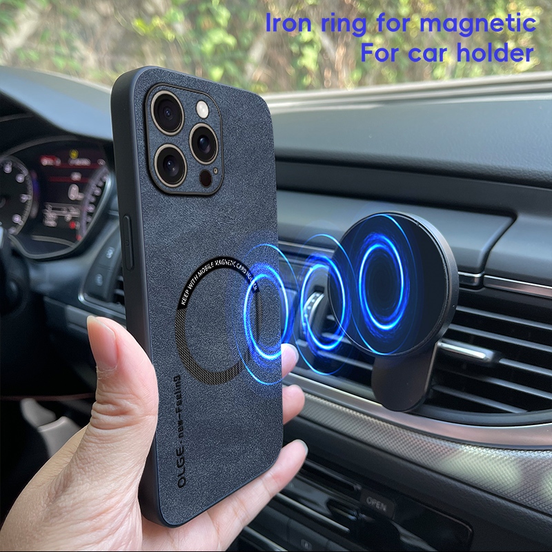 KHÔNG Dấu Vân Tay Sang Trọng Da Sắt Nhẫn Cho iPhone 16 + Plus iPhone16 16 Pro Max Giá Đỡ Ô Tô Bảo Vệ Từ Tính Vỏ Sạc Không Dây