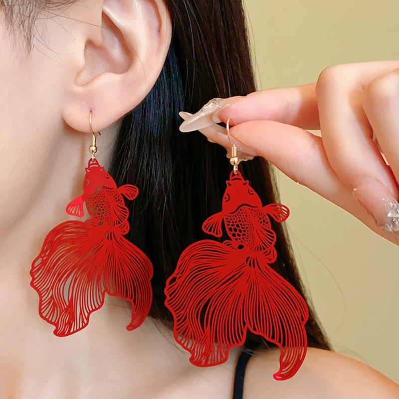 Phong Cách Trung Quốc Xịt Sơn Đuôi Lớn Cá koi Tai Móc Mới Thời Trang Trung Quốc Phóng Đại Bông Tai Cá Tính Mới retro Bông Tai Nữ