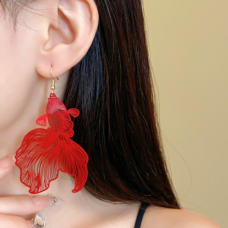 Phong Cách Trung Quốc Xịt Sơn Đuôi Lớn Cá koi Tai Móc Mới Thời Trang Trung Quốc Phóng Đại Bông Tai Cá Tính Mới retro Bông Tai Nữ