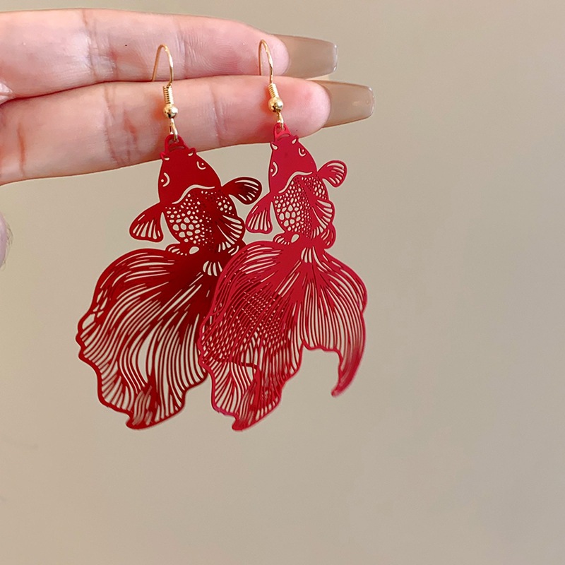 Phong Cách Trung Quốc Xịt Sơn Đuôi Lớn Cá koi Tai Móc Mới Thời Trang Trung Quốc Phóng Đại Bông Tai Cá Tính Mới retro Bông Tai Nữ