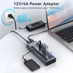 Trung tâm dữ liệu USB chạy bằng ACASIS 10 cổng USB3.1 với công tắc bật / tắt riêng lẻ và Bộ chuyển đổi nguồn 12V4A Bộ chia Hub3.1 USB 10Gpbs cho máy tính xách tay, PC, Máy tính, HDD di động, Ổ đĩa Flash — ảnh 3