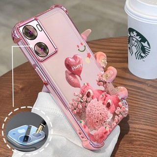 Ốp Lưng Cho OPPO A57 4G 2022 A57 5G 2022 A77 A77s Phim Hoạt Hình Mạ Điện Hoa Hồng Hồng Dễ Thương Gấu Nhỏ Vỏ Điện Thoại Silicon TPU Mềm Bốn Góc Túi Khí Chống Rơi