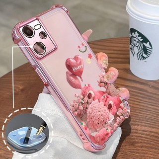 Ốp Lưng Cho Realme C35 Mạ Điện Hoạt Hình Hoa Hồng Hồng Dễ Thương Gấu Nhỏ Vỏ Điện Thoại Silicon TPU Mềm Bốn Góc Túi Khí Chống Rơi