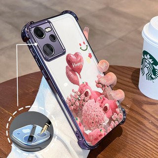 Ốp Lưng Cho Realme C35 Mạ Điện Hoạt Hình Hoa Hồng Hồng Dễ Thương Gấu Nhỏ Vỏ Điện Thoại Silicon TPU Mềm Bốn Góc Túi Khí Chống Rơi