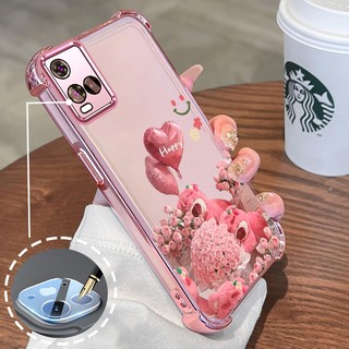 Ốp Lưng Cho VIVO Y21 Y21s Y21a Y21t Y33s 4G Mạ Điện Hoạt Hình Hoa Hồng Hồng Dễ Thương Gấu Nhỏ Vỏ Điện Thoại Silicon TPU Mềm Bốn Góc Túi Khí Chống Rơi