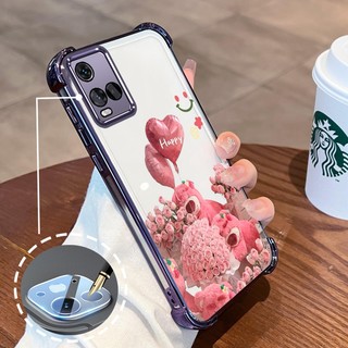 Ốp Lưng Cho VIVO Y21 Y21s Y21a Y21t Y33s 4G Mạ Điện Hoạt Hình Hoa Hồng Hồng Dễ Thương Gấu Nhỏ Vỏ Điện Thoại Silicon TPU Mềm Bốn Góc Túi Khí Chống Rơi