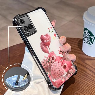 Ốp Lưng Cho VIVO Y21 Y21s Y21a Y21t Y33s 4G Mạ Điện Hoạt Hình Hoa Hồng Hồng Dễ Thương Gấu Nhỏ Vỏ Điện Thoại Silicon TPU Mềm Bốn Góc Túi Khí Chống Rơi