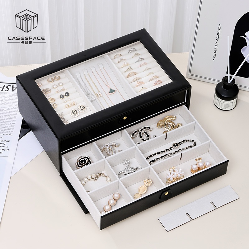 CASEGRACE hộp đựng đồ trang sức 2 lớp, cửa sổ acrylic trong suốt, cho nhẫn, bông tai, vòng tay, vòng cổ