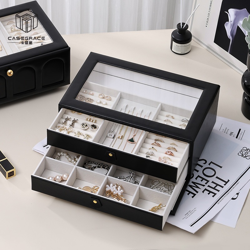 CASEGRACE hộp đựng đồ trang sức 2 lớp, cửa sổ acrylic trong suốt, cho nhẫn, bông tai, vòng tay, vòng cổ