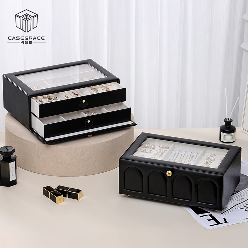 CASEGRACE hộp đựng đồ trang sức 2 lớp, cửa sổ acrylic trong suốt, cho nhẫn, bông tai, vòng tay, vòng cổ