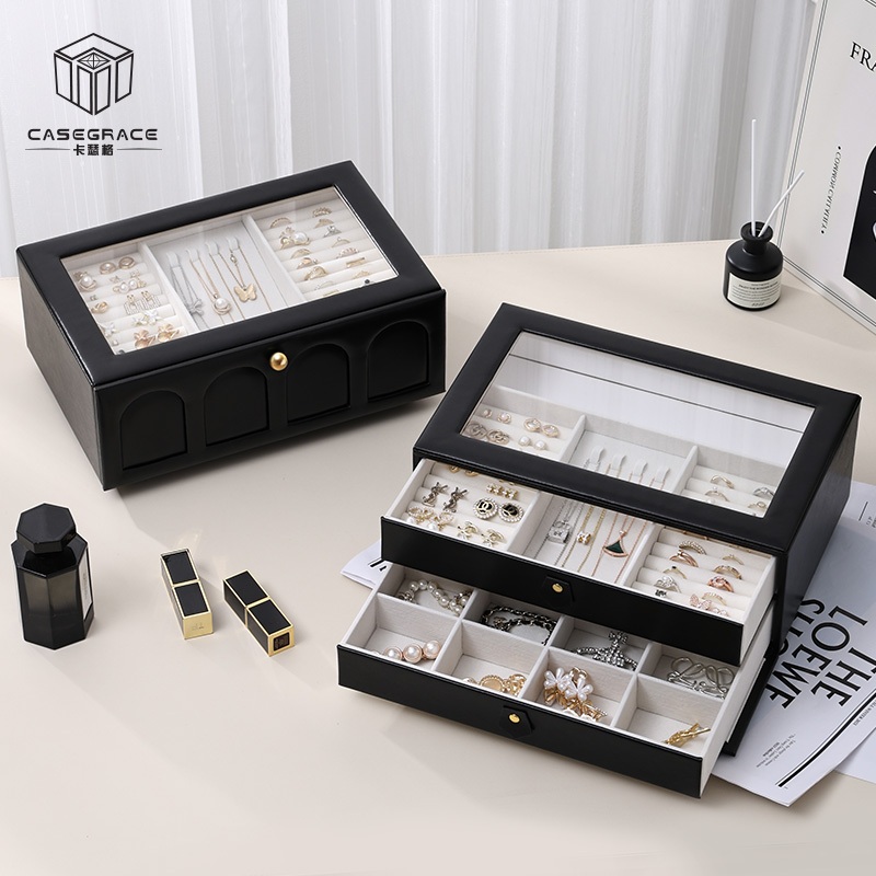 CASEGRACE hộp đựng đồ trang sức 2 lớp, cửa sổ acrylic trong suốt, cho nhẫn, bông tai, vòng tay, vòng cổ