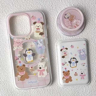 Ốp bảo vệ họa tiết gấu cánh cụt kẻ sọc màu hồng phù hợp cho iPhone15pro 15promax 14 14promax 14pro 16 pro max 16 plus