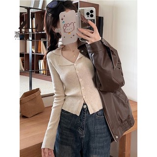 ZHELIHANGFEI polo Ve Áo Dệt Kim Hàng Đầu Nữ Thiết Kế Niche Nút Cardigan Dài Tay Đáy Áo Sơ Mi Áo Len