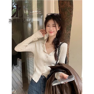 ZHELIHANGFEI polo Ve Áo Dệt Kim Hàng Đầu Nữ Thiết Kế Niche Nút Cardigan Dài Tay Đáy Áo Sơ Mi Áo Len