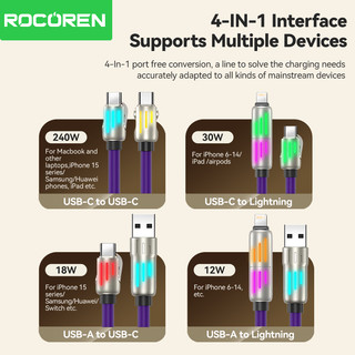 Rocoren 240W Đèn thở sạc nhanh 4 trong 1 Silicone lỏng Cáp dữ liệu hợp kim nhôm đa chức năng Thích hợp cho tất cả các điện thoại Laptop