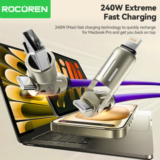 Rocoren 240W Đèn thở sạc nhanh 4 trong 1 Silicone lỏng Cáp dữ liệu hợp kim nhôm đa chức năng Thích hợp cho tất cả các điện thoại Laptop