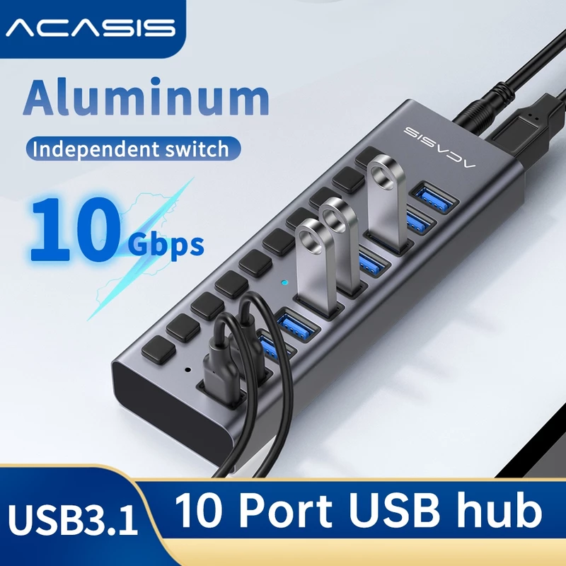 Trung tâm dữ liệu USB chạy bằng ACASIS 10 cổng USB3.1 với công tắc bật / tắt riêng lẻ và Bộ chuyển đổi nguồn 12V4A Bộ chia Hub3.1 USB 10Gpbs cho máy tính xách tay, PC, Máy tính, HDD di động, Ổ đĩa Flash — ảnh 1