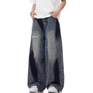 Quần jean nam ESEA American retro dáng rộng giản dị phong cách trung lập graffiti rách quần jean