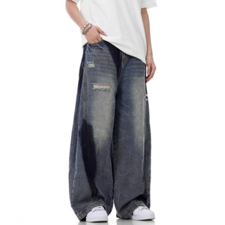 Quần jean nam ESEA American retro dáng rộng giản dị phong cách trung lập graffiti rách quần jean