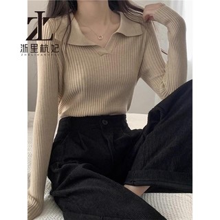 ZHELIHANGFEI Polo polo Cổ Áo Dệt Kim Dài Tay Nữ Slim-fit Ôm Hơn Nhìn Hố Sọc Bên Trong