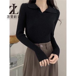 ZHELIHANGFEI Polo polo Cổ Áo Dệt Kim Dài Tay Nữ Slim-fit Ôm Hơn Nhìn Hố Sọc Bên Trong