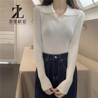 ZHELIHANGFEI Polo polo Cổ Áo Dệt Kim Dài Tay Nữ Slim-fit Ôm Hơn Nhìn Hố Sọc Bên Trong